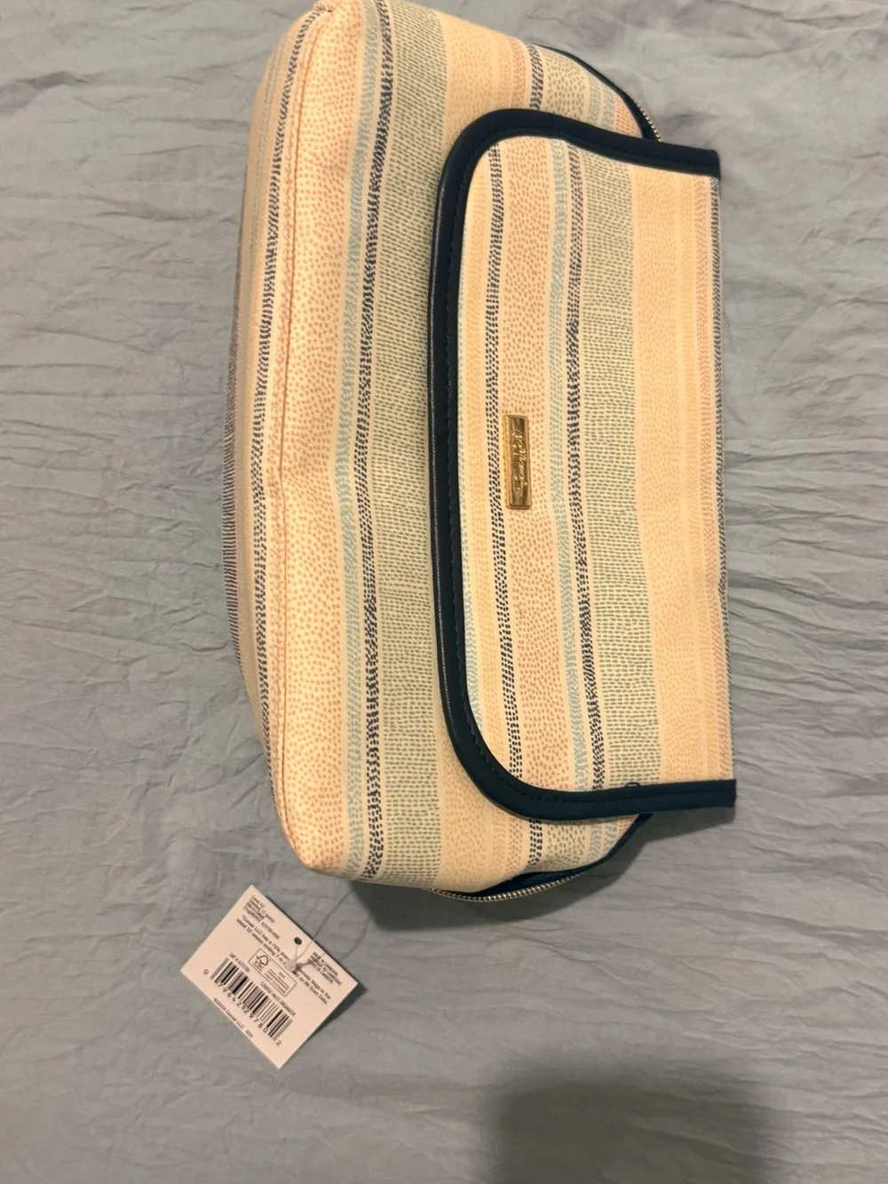 Makeup Travel Organizer Striped Pastel Clutch with Navy Trim